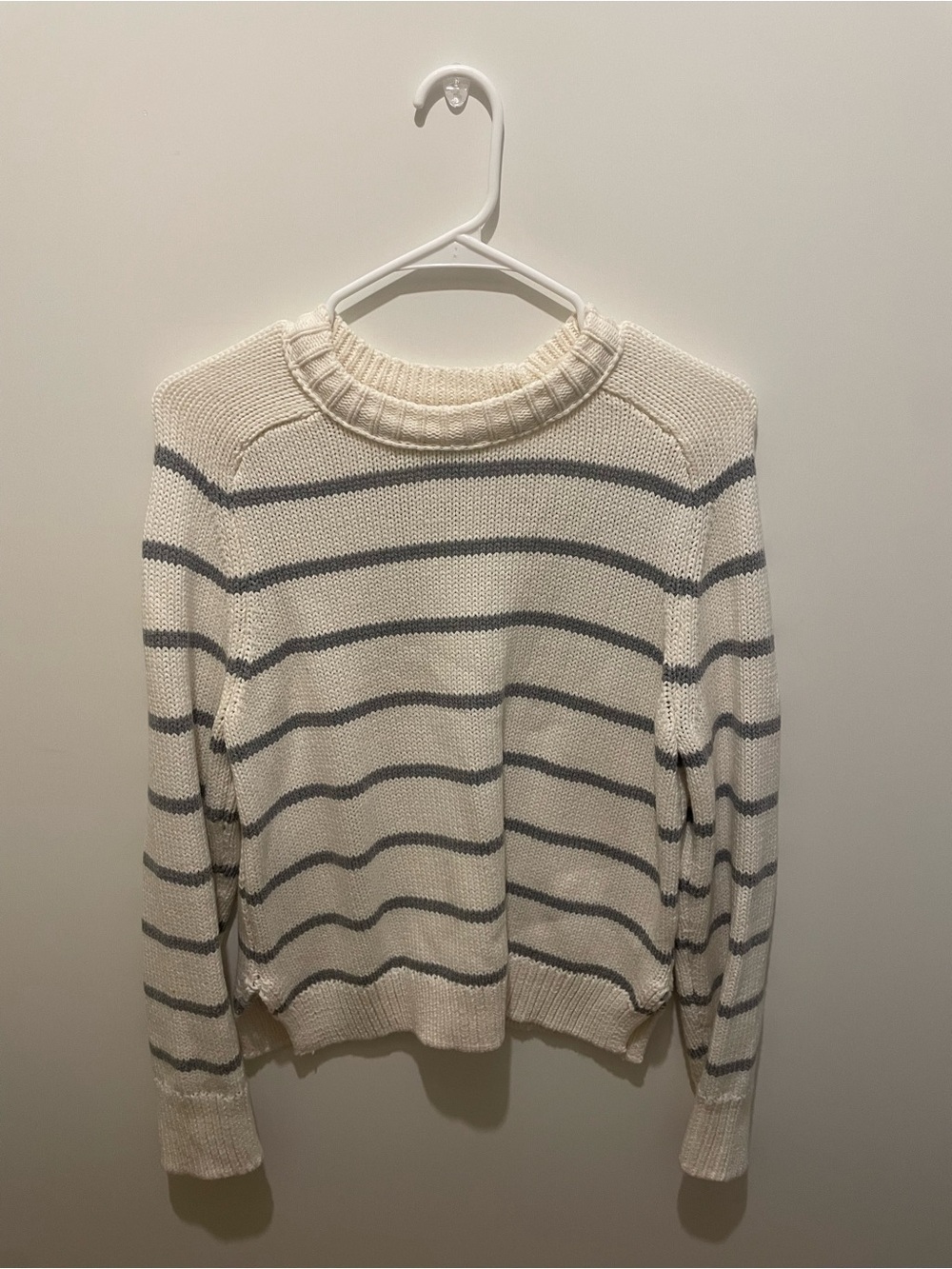 Women's Cream Crewneck Sweater with Gray Stripes